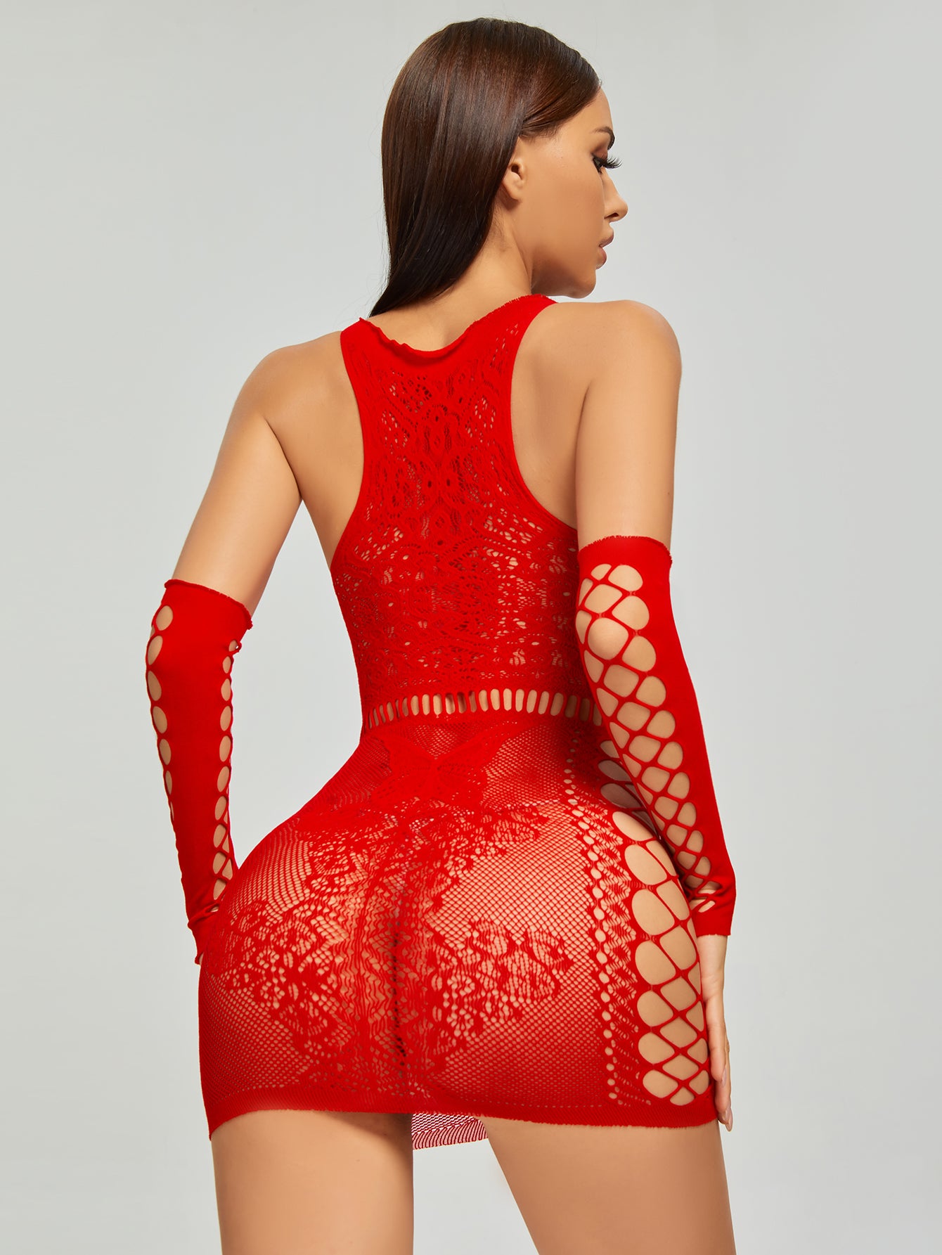 Sensational Red Fishnet Bodysuit with Matching Gloves