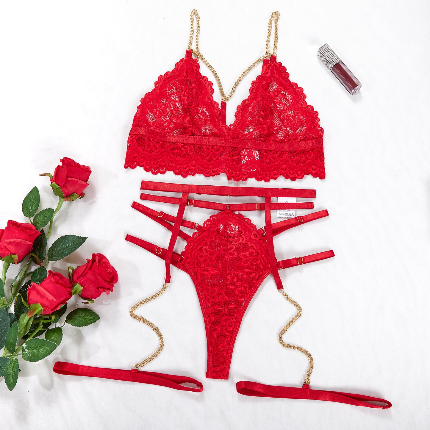 Daring Red Two-Piece Set with Chain Details