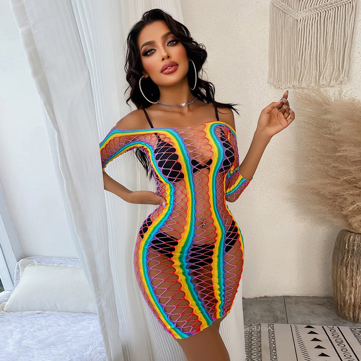 Vibrant Seduction: Rainbow Fishnet Dress