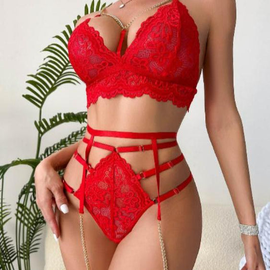 Daring Red Two-Piece Set with Chain Details